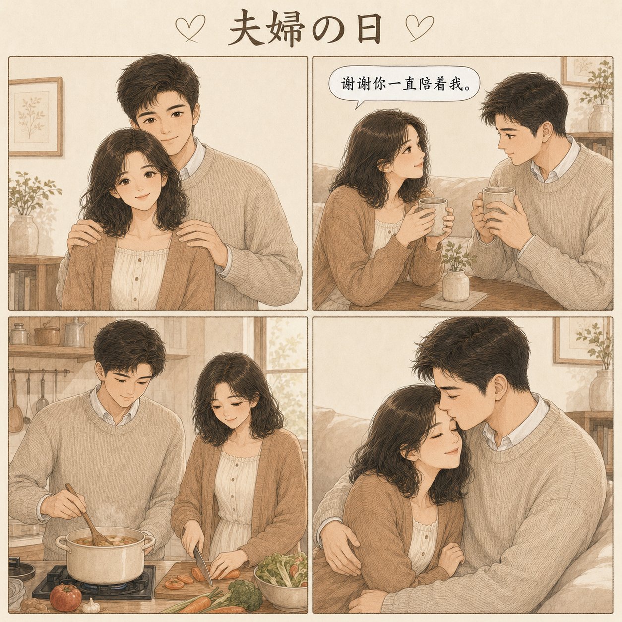 日式温情治愈四格漫画手绘风格 - 提示词示例图