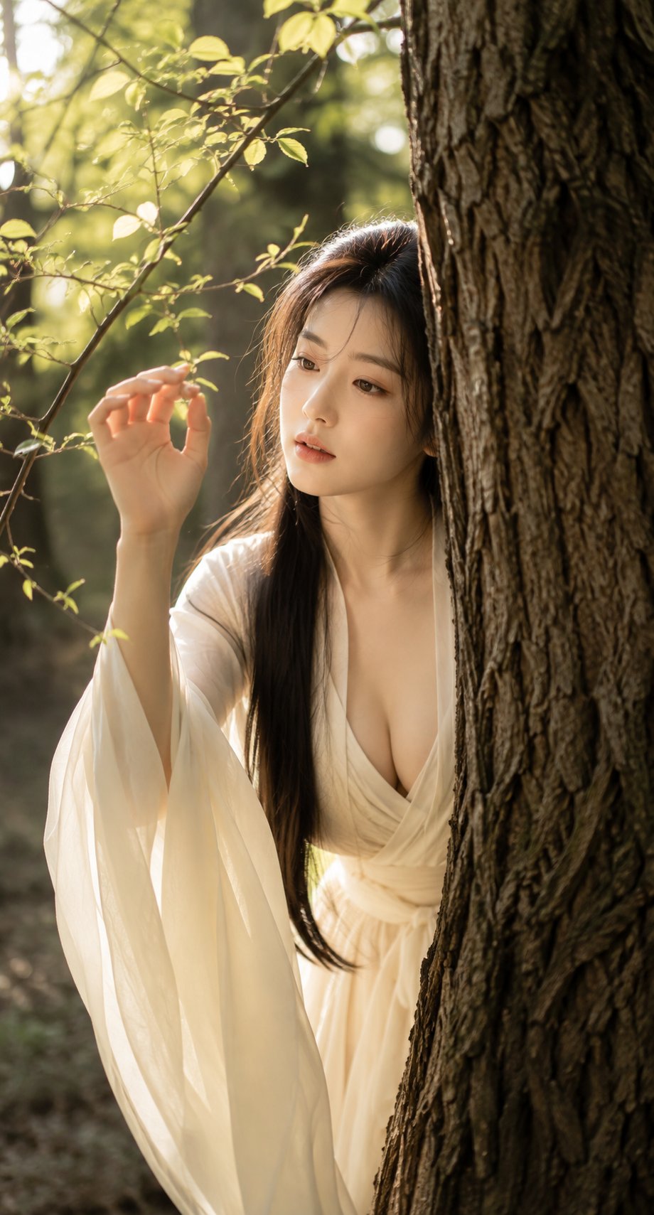 林间树后探身的古风写实人像 - 提示词示例图