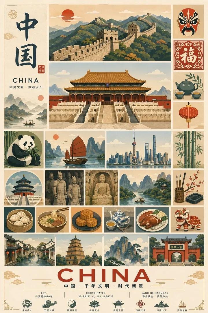 复古模块化旅游海报信息图设计 - 提示词示例图