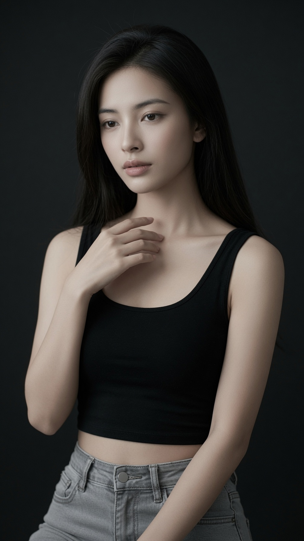 极简黑色背心东亚女性棚拍 - 提示词示例图